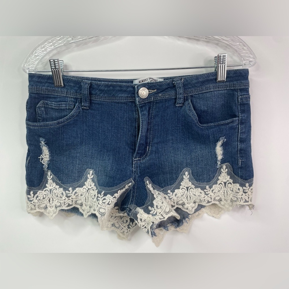 Almost Famous Blue Cut-Off Denim Lace Shorts Mid Rise Size 9